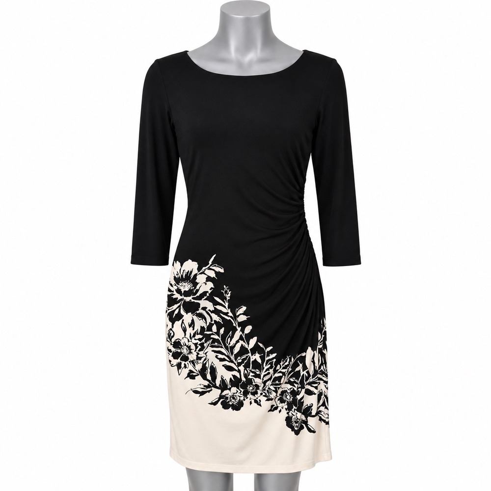 Lauren Ralph Lauren Women 4 Black Cream Floral Ruched Sheath Dress 3/4 Sleeve